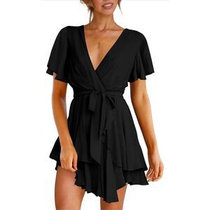 NEW Black Dress Deep V-Neck Ruffle Mini Swing Skater XS